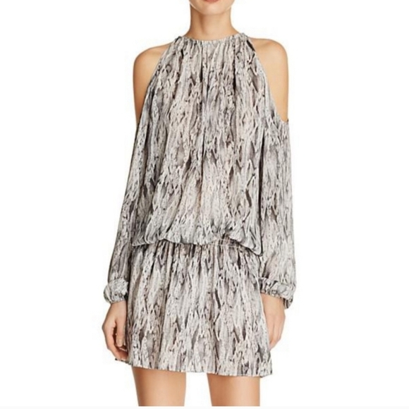 Ramy Brook 100% Silk Mini Dress Cold Shoulder Long Sleeve Grey Python Size SMALL - Picture 1 of 8